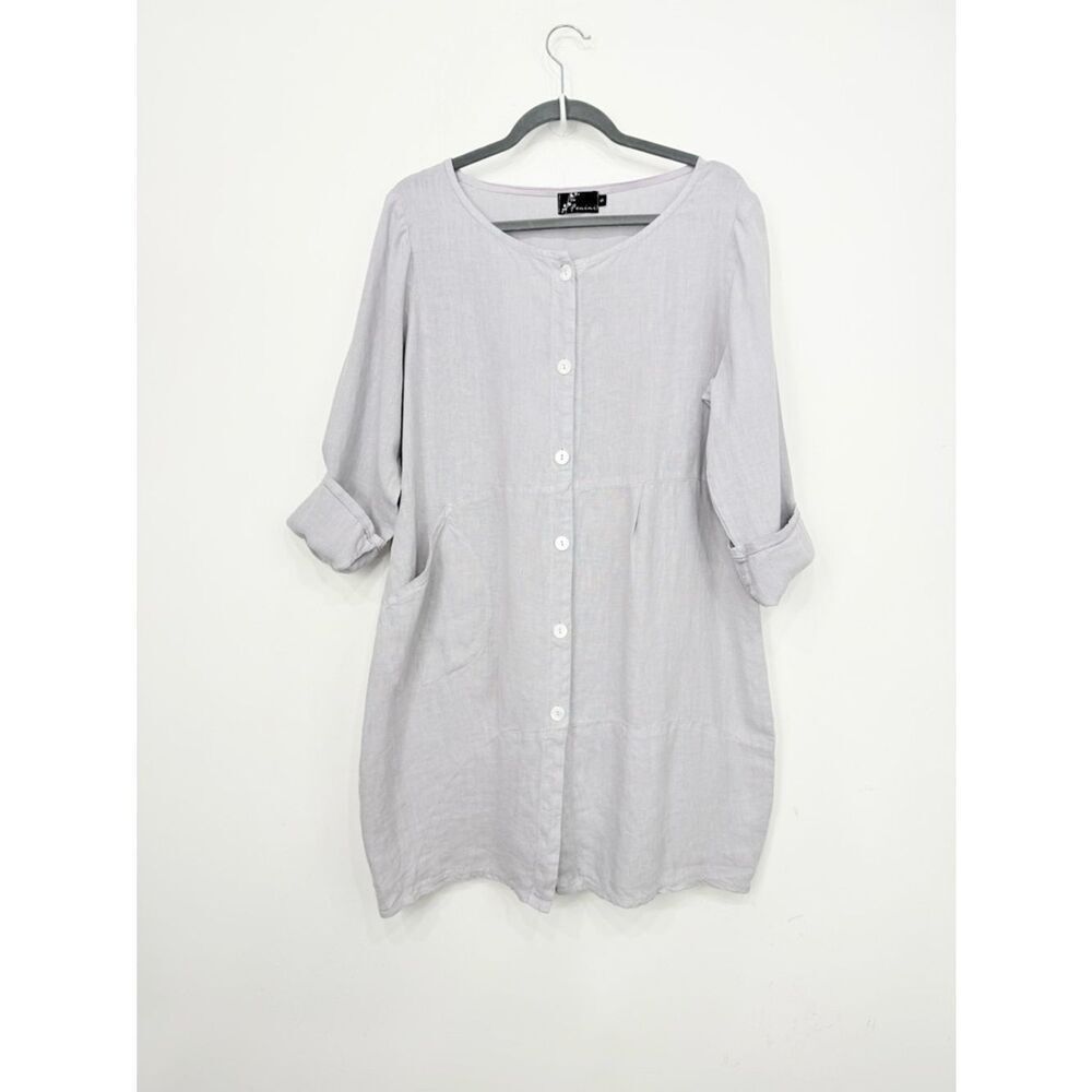 Fenini Light Gray 100% Linen Lagenlook Midi Lightweight Button Up Coat Dress